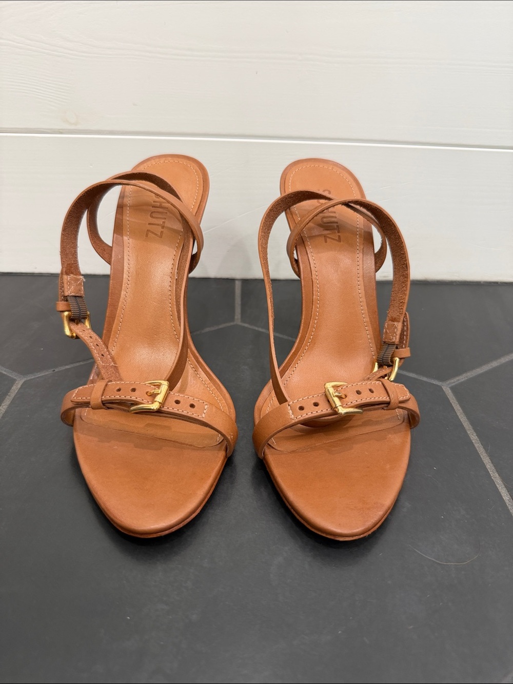 SCHUTZ Tan Leather Ankle Strap Sandals - Picture 4 of 9